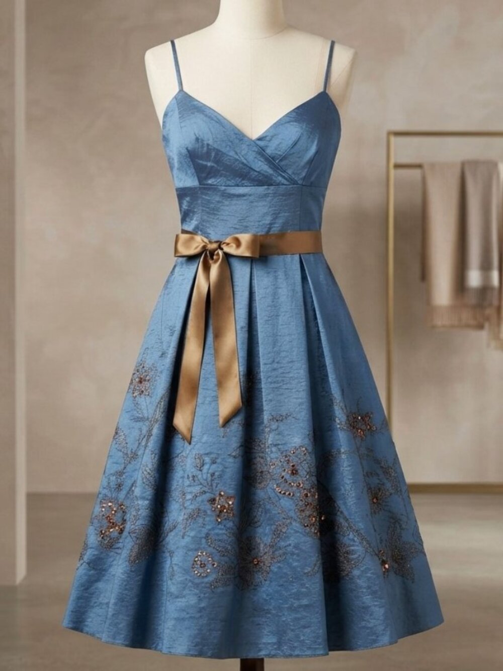 Olga Cassini Slate Sweetheart Bust Fit Flare Dress Slate Blue And Brown